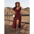 thumbnail image 3 of Red Plus Size Women Tie-Wrap Ruffle Hem Maxi Dress With Puffed Sleeves Boho Western Style, 3 of 7
