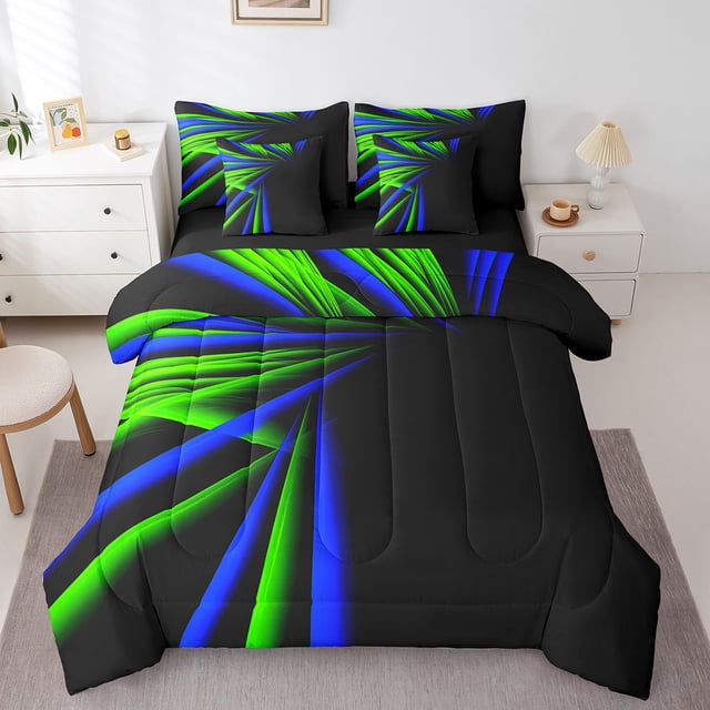 Erosebridal Literie Géométrie Bleue Format Double, Ensemble de Lit Abstrait Néon Format Double, Déco de Chambre à Rayures, Réversible 7 Pcs