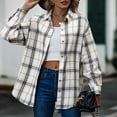 thumbnail image 2 of Womens Plaid Shacket Jacket Long Corduroy Shirt Fashion Print Casual Long Sleeve Turndown Collar Button Shirt Tops Fall Fashion Plaid Shirt Blouses Women White,M, 2 of 8
