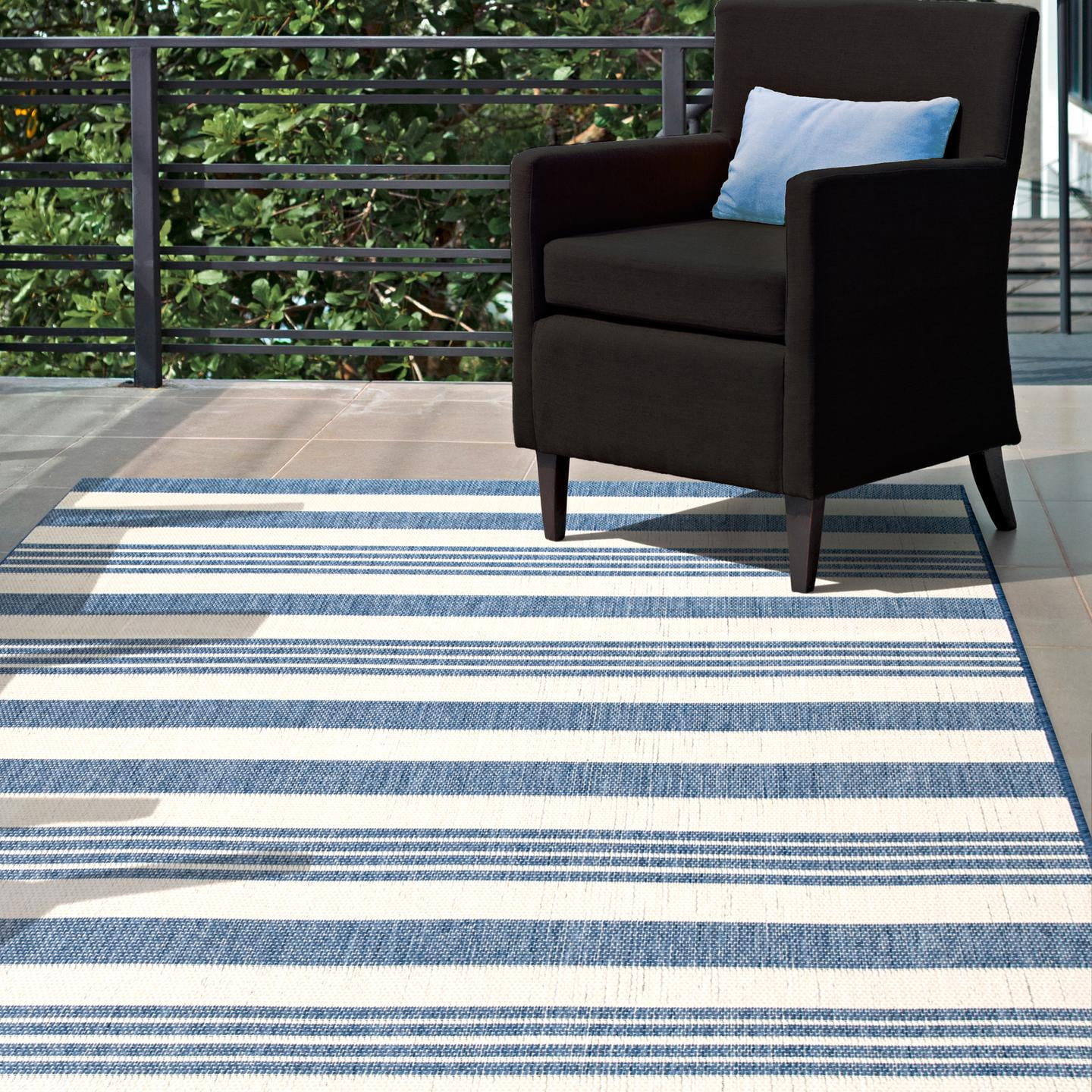 Coastal Charm Blue Stripe Synthetic Indoor/Outdoor Rug, 62"x24"