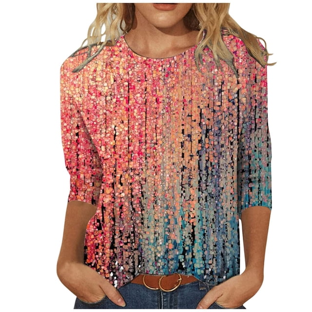 KIHOUT Chemises pour Femmes Liquidation Petite Mode Blouse Imprimée Manches 3/4 Chemise Col Rond Hauts Décontractés Aubaines