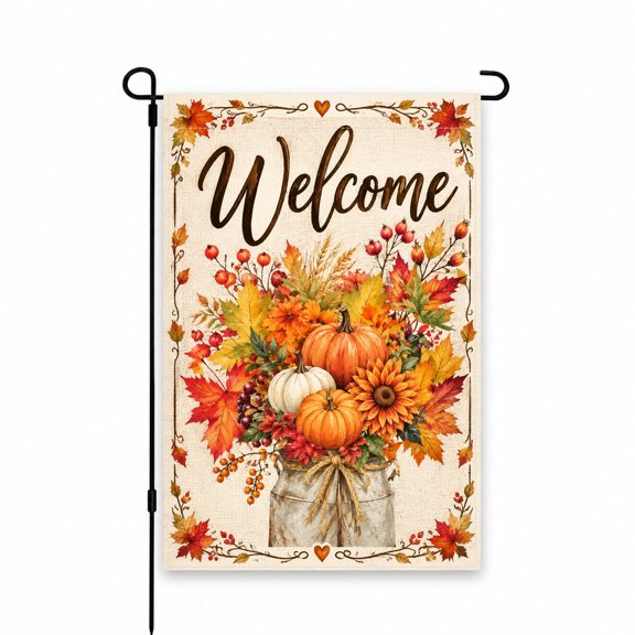 Welcome Fall Garden Flag 12x18 Inch with Pumpkins & Autumn Leaves Design for Yard, Lawn, Patio or Porch Outdoor Decor - Seasonal Harvest Display