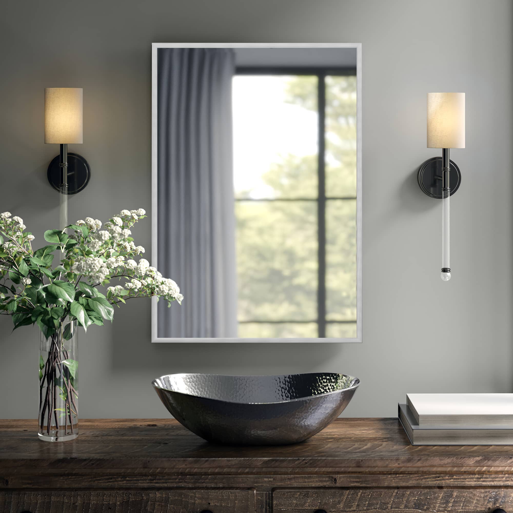 MAYEERTY 36"x24" Aluminum Alloy Rectangular Hanging Mirror, Mid-Century Bathroom Mirror, Silver