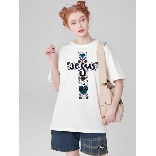 Women's Fashion Easter T-Shirt, "Jesus Is Alive" Print, Casual Round Neck, Sports Style, Short SleevCamisetas de verano para mujer, manga corta, cuello redondo, casual, lindo, con gráficos, camisetas