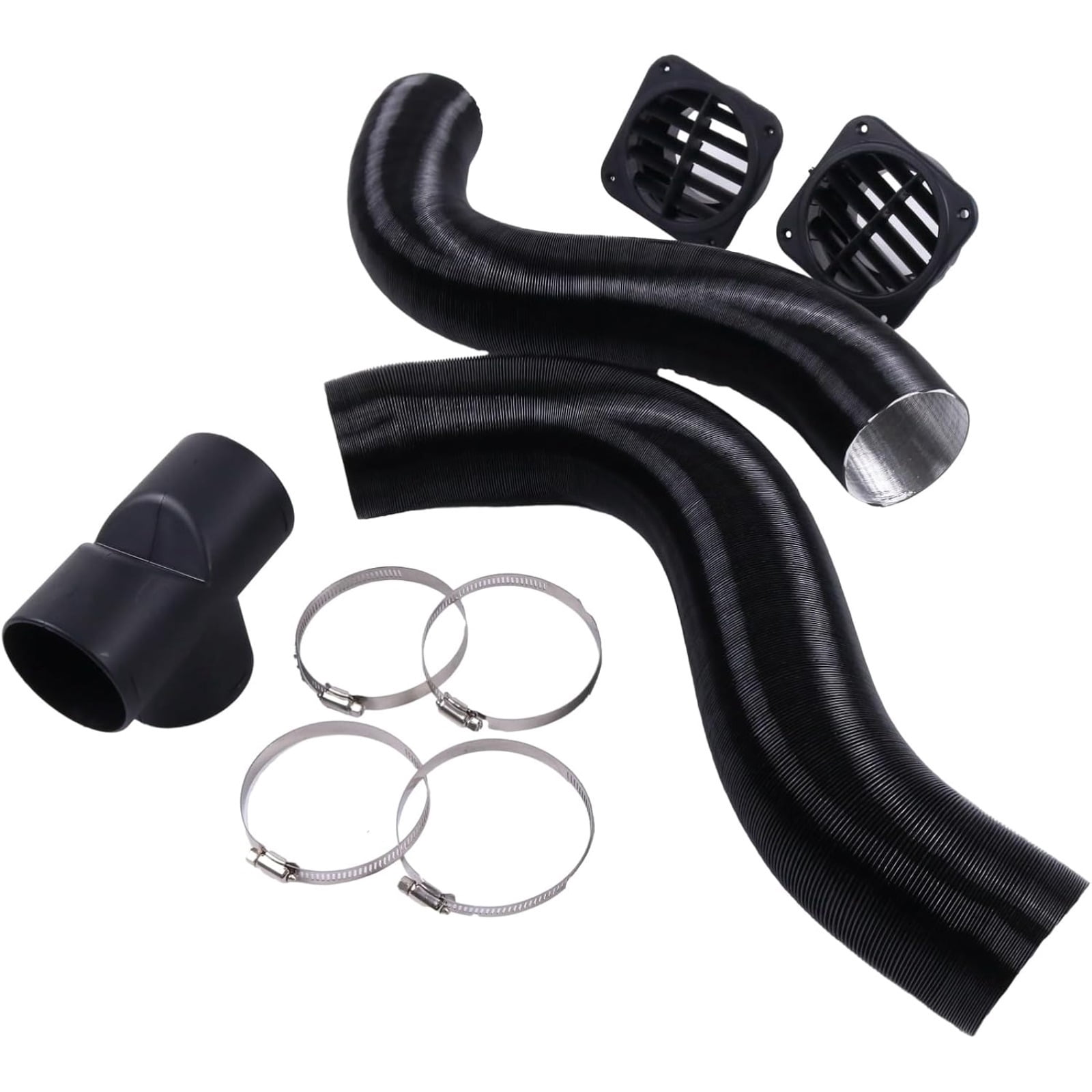 60mm Diesel Parking Heater Warm Air Vent Kit with 2 Flexible Duct Hoses T Shape Connector 2 Square Air Outlets and 4 Clamps