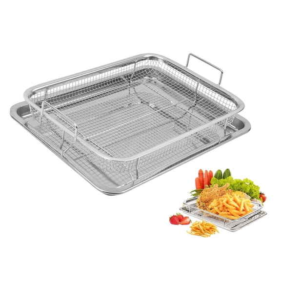 Air Fryer Tray, 2 in 1 Nonstick Crisper Air Fry Basket with Elevated Mesh Great for Oven, Dishwasher Safe Air Fryer Basket for Oven,Stainless Steel (11"x11",Silver)