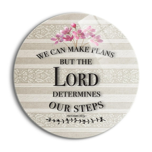 He Determines Our Steps Ecru Linen Stripe 24 inch Glass Round Wall Hanging Sign