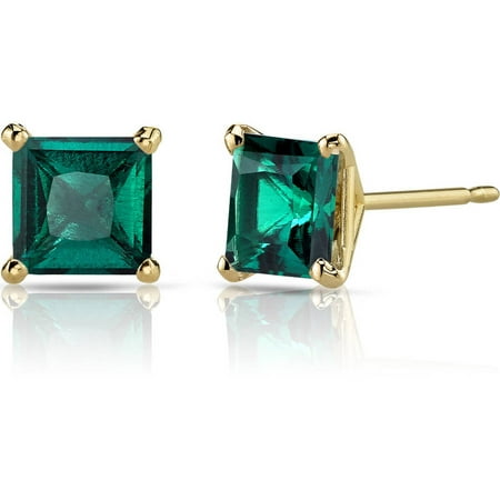 Oravo 2.00 Carat T.G.W. Princess-Cut Created Emerald 14kt Yellow Gold Stud Earrings