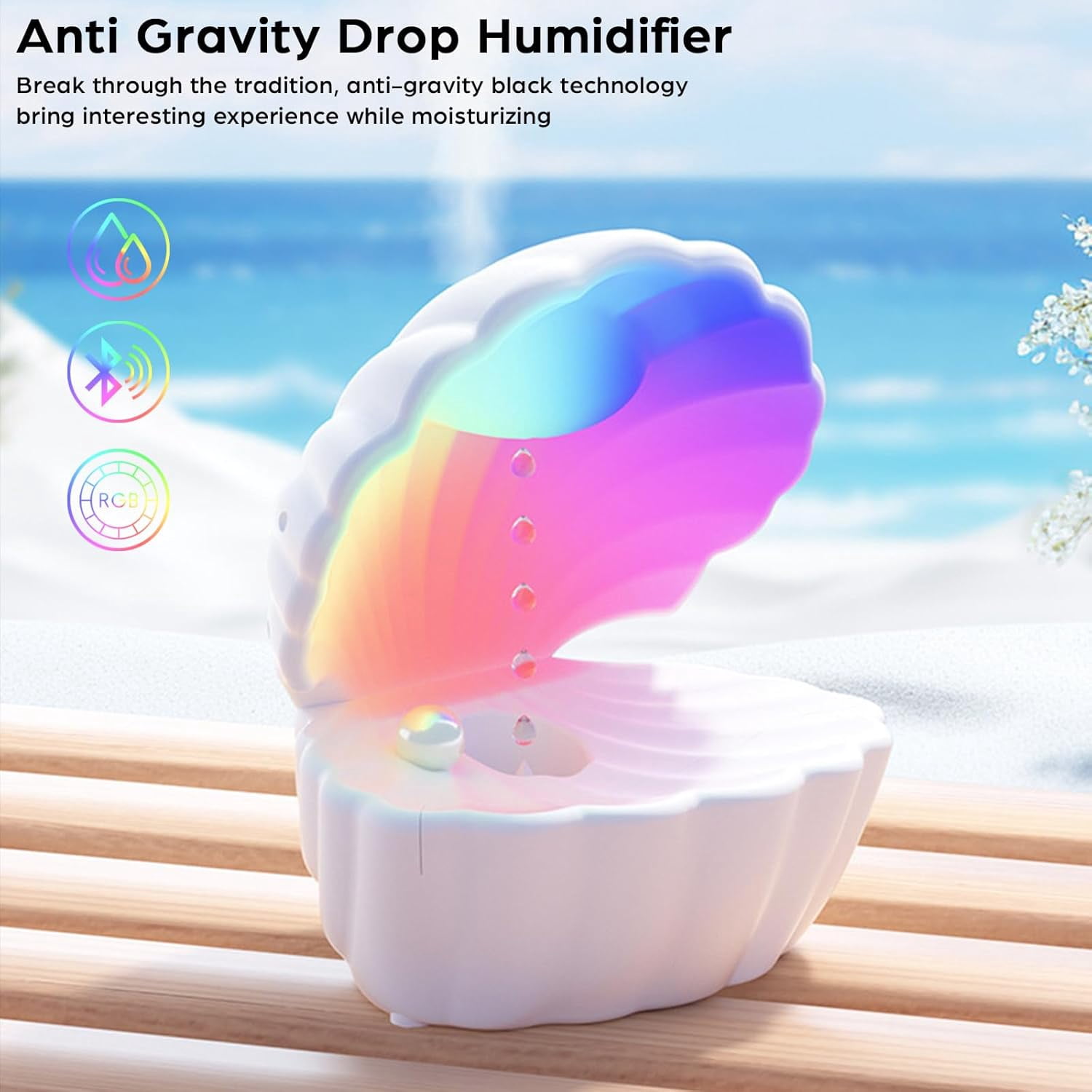 Anti Gravity Humidifier Water Drop Bluetooth Speaker Pearly Shell-Shaped with RGB LED Night Light 550ml Mist Humidifier Bedside Lamp Auto Shut-off Desktop Humidifier for Bedroom Home Office (Pink)