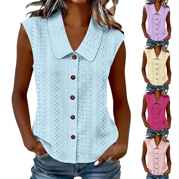 VBVC Women's Eyelet Embroidery Button Down Tank Top, Ladies' Peter Pan Collar Sleeveless Blouse, Casual Solid Color Summer Shirt For Women,Pink,S-3XL