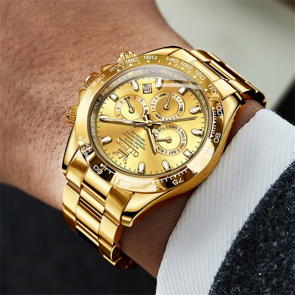 OLEVS Automatic Watches for Men Self Winding Chronograph Mechanical Luxury Dress Stainless Steel Calendar Date Waterproof Luminous Mens Wrist Watches Gift Reloj Para Hombre Gold/Black/Blue/Green Dial