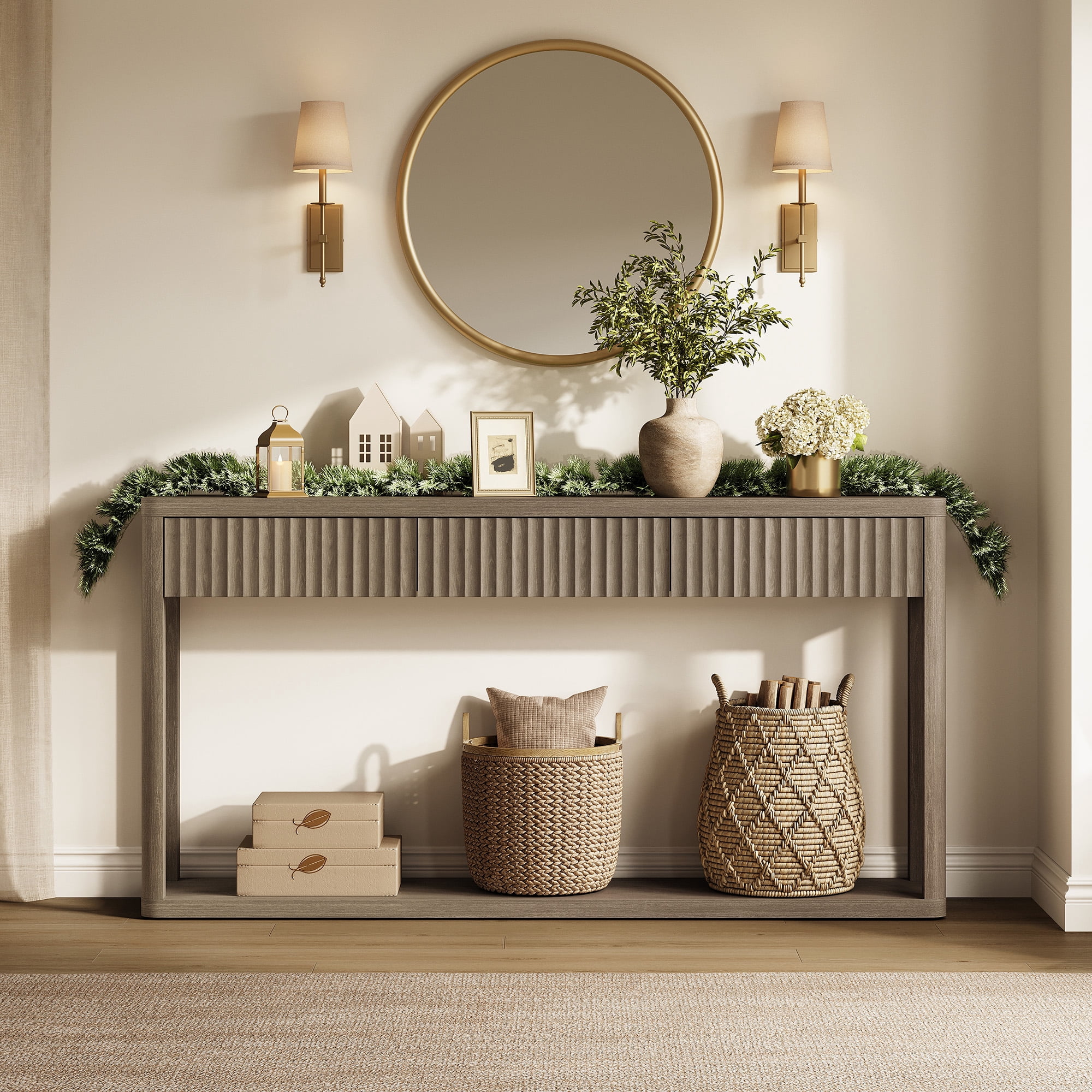 SICOTAS 61 inch Long Console Table Set of 2 with 3 Large Drawers, Modern Fluted Sofa Table Behind Couch with Open Storage Shelf, Entryway Table for Living Room, Hallway, Foyer, Grey Alder