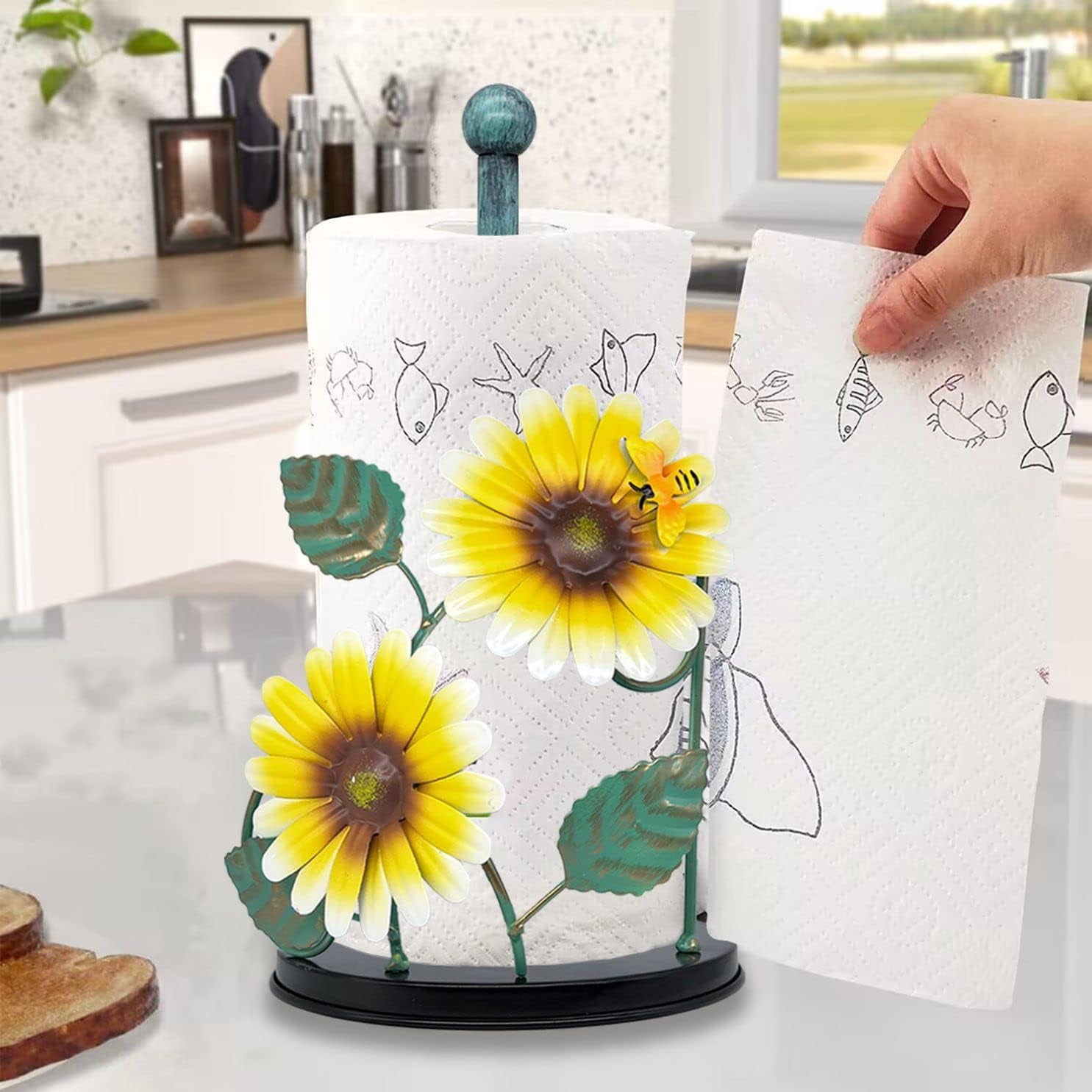 Sunflower Decor Paper Towel Holder | Metal Yellow Daisy with Bee | Countertop Kitchen & Bathroom Organizer | Cute Sunflower Accessories for Home Decor