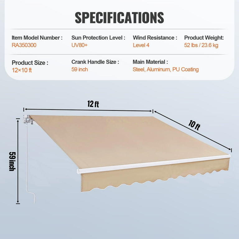 SKYSHALO Outdoor Canopy Deck Awning 12'x10' Waterproof Sunshade