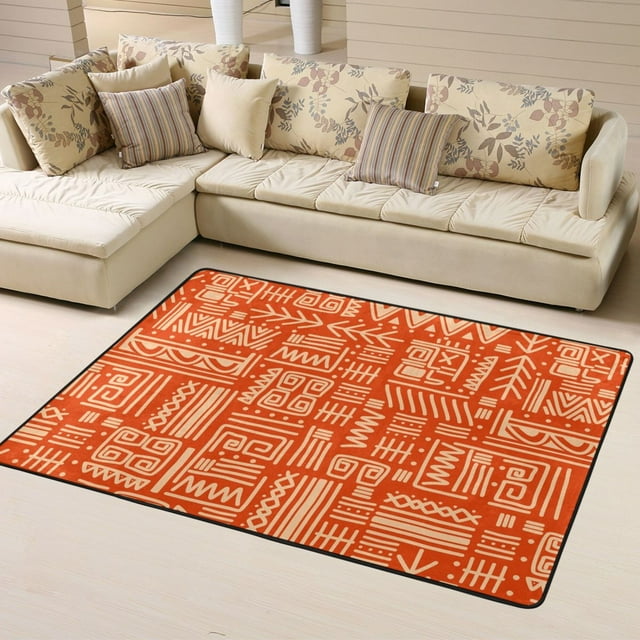 DouZhe Tapis de Style Mexicain Aztèque à Rayures Orange, Tapis de Sol Antidérapant Lavable en Machine, Style Paillasson, 63x48 Pouces