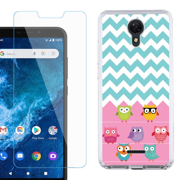 Slim-Fit Protective Phone Case compatible with Cricket Icon 2, with Tempered Glass Screen Protector, by OneToughShield ® - Chevron/Teal/Owl