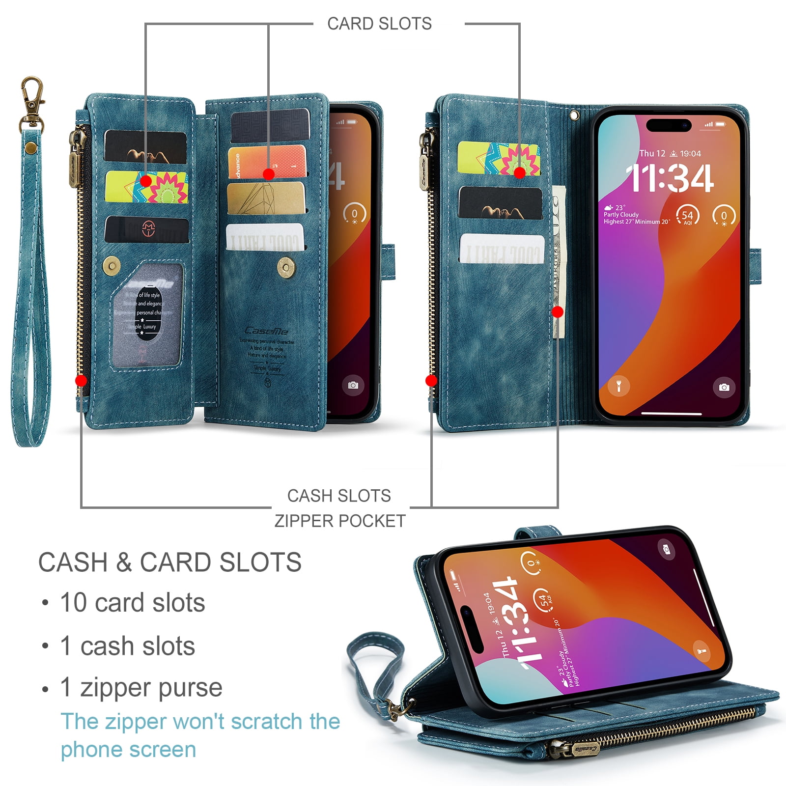 Dteck for iPhone 15 Pro Case with Card Holder, Premium iPhone 15 Pro Wallet Case for Women Men, Heavy Duty Durable PU Leather With Flip Zipper Pocket Phone Case w/ Wrist Strap Lanyard,Blue