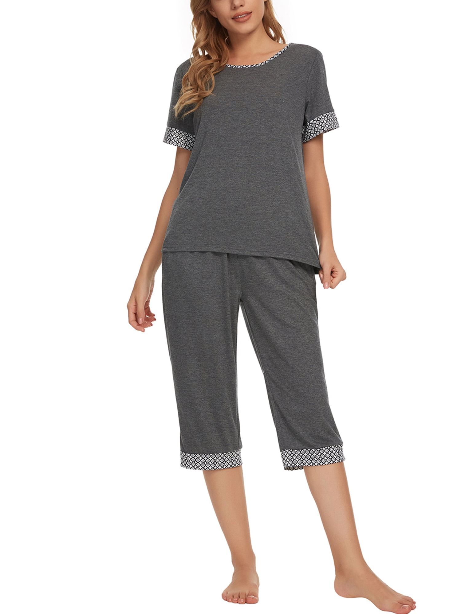 Unique Bargains Womens Pajama Set Round Neck with Capri Pants Pjs Lounge Sleepwear Sets
