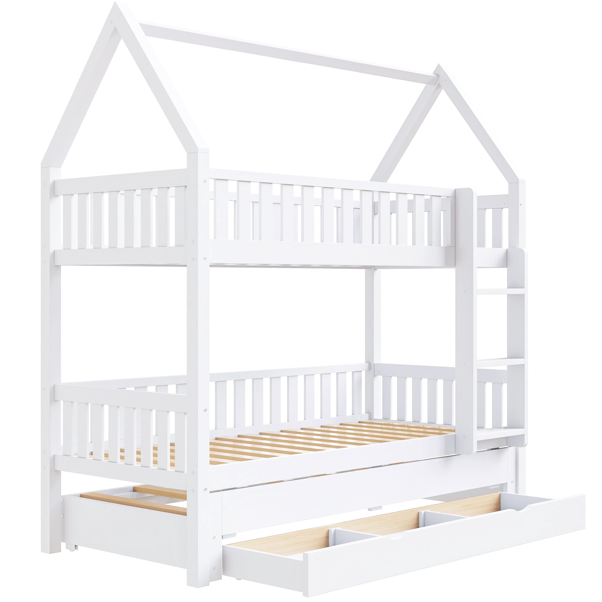 Euroco Wood Twin over Twin Bunk Bed with Trundle and Drawers, White