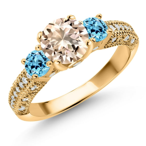 Gem Stone King 18K Yellow Gold Plated Silver Peach Morganite Swiss Blue Topaz and White Moissanite Engagement Ring for Women (1.94 Cttw, Gemstone October Birthstone, Round 7MM and 4MM, Size 5)