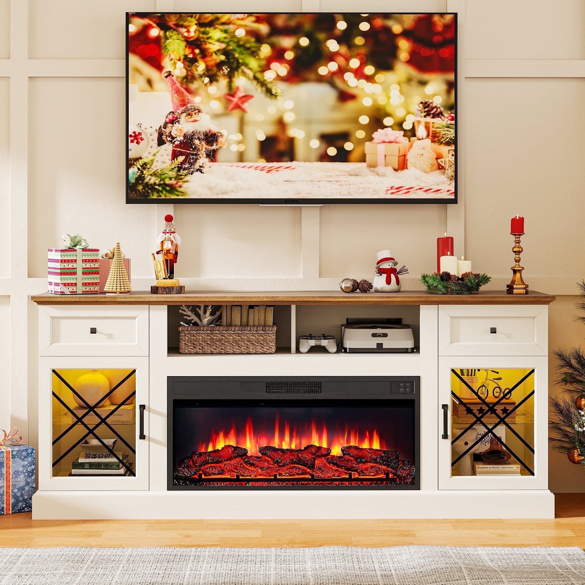 Fiakoa 70" Fireplace TV Stand for 80" TVs with 34" Fireplace