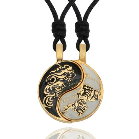 Dragon Tiger Yin Yang Seperated (2 Necklaces) Handmade Brass Necklace Pendant Jewelry With Cotton