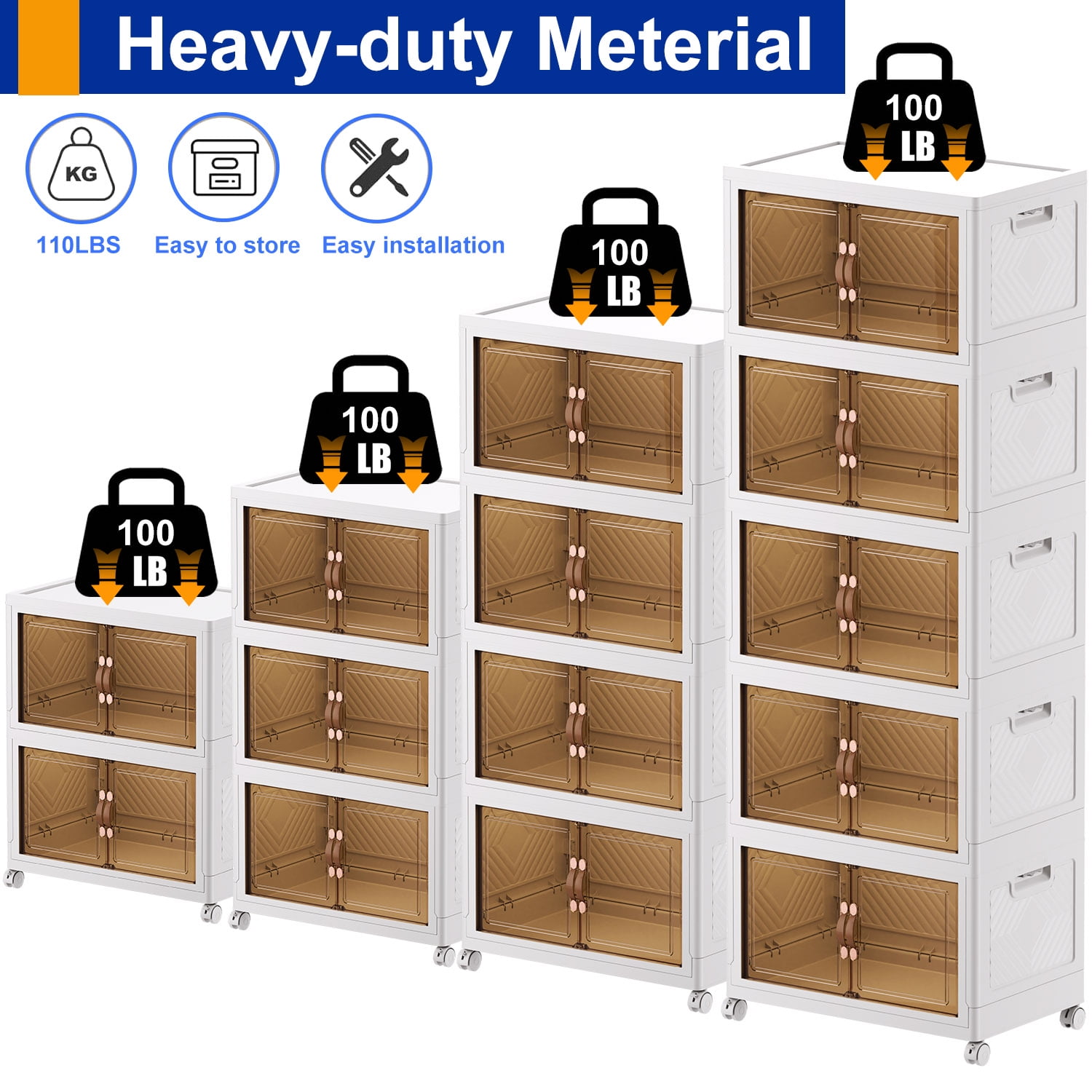 Storage Bins with Lids- 5 Tier Folding Storage box with Doors and Wheels, Collapsible Plastic Storage Bins for Closets, Stackable Storage Organizer, Storage Containers for Closet, White