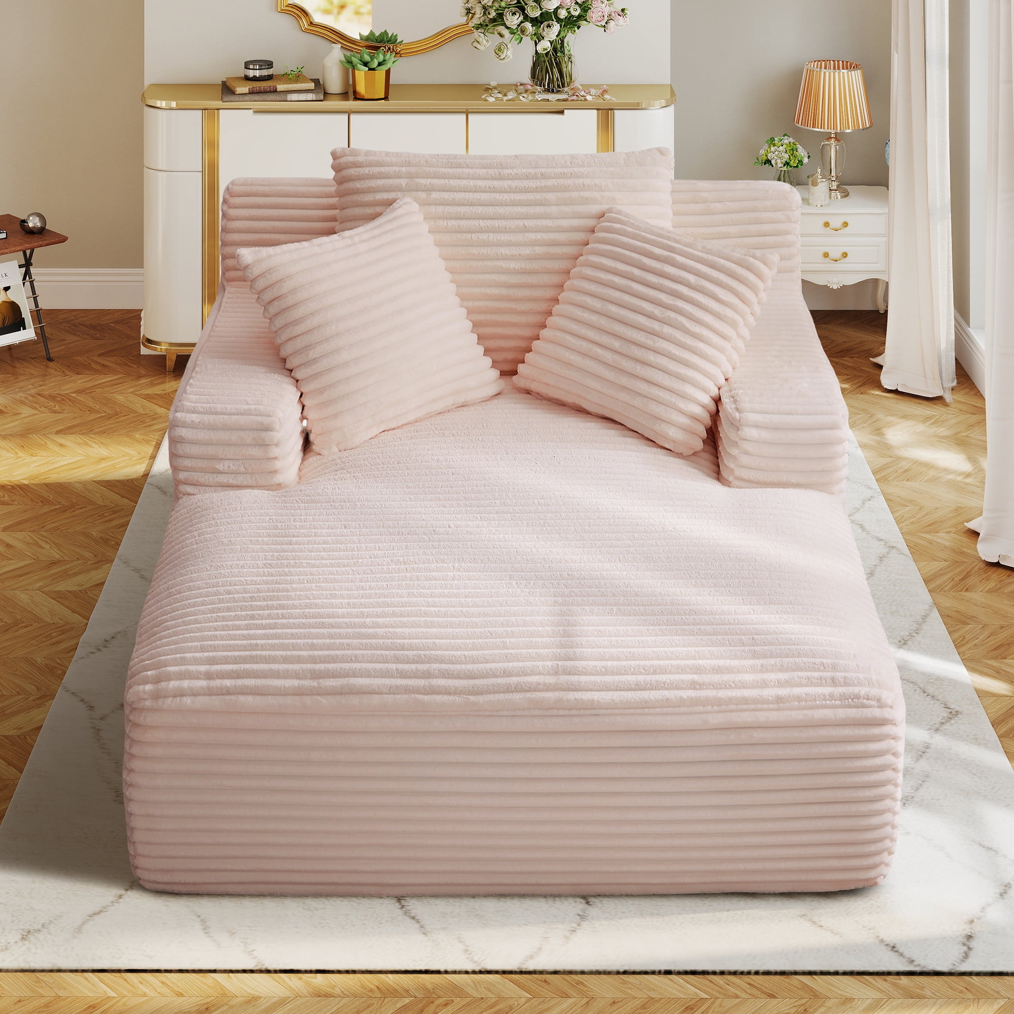 Aukfa Corduroy Chaise Lounge Chair, Oversized Indoor Lounger Floor Sofa Bed for Living Room, Bedroom, Small Space,Pink
