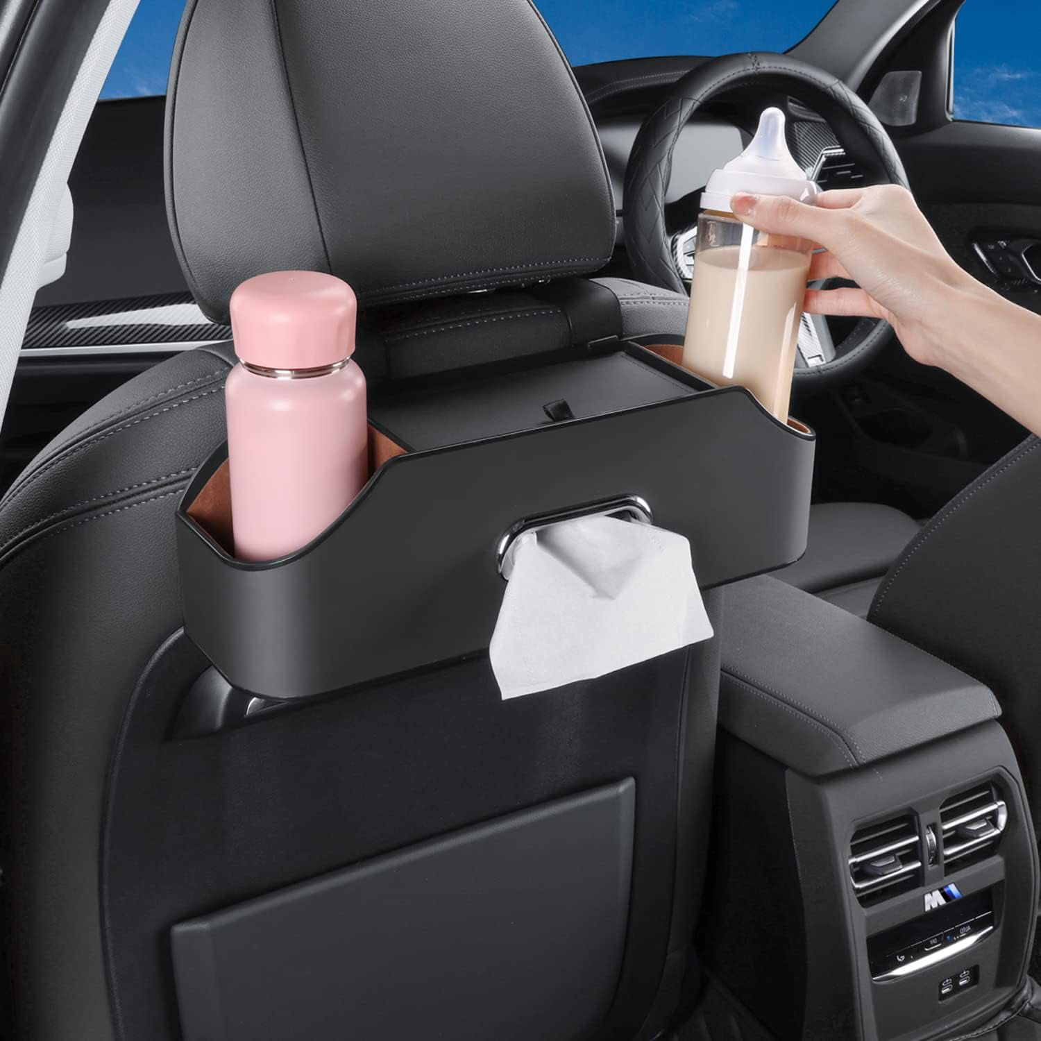 CEDQ Car Seat Back Organizer - Stylish & Functional Storage for Family Adventures - Cup Holders, Tissue Box & Hooks - Car Interior Accessories Perfect for Kids, Road Trips & Travel (Black)