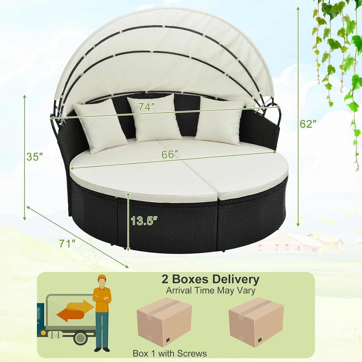 Gymax Outdoor Patio Round Wicker Daybed w/ Separate Seating Sofa, Retractable Canopy, 4 Cushion 3 Pillows Black & White