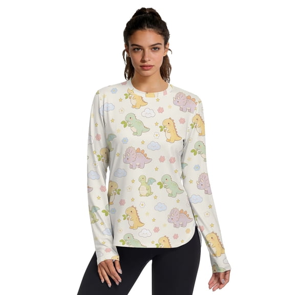 Cute Dinosaur Women UPF 50 UV Shirts Long Sleeve with Thumb Holes Workout Sun Shirt Quick Dry Athletic Hiking Tops