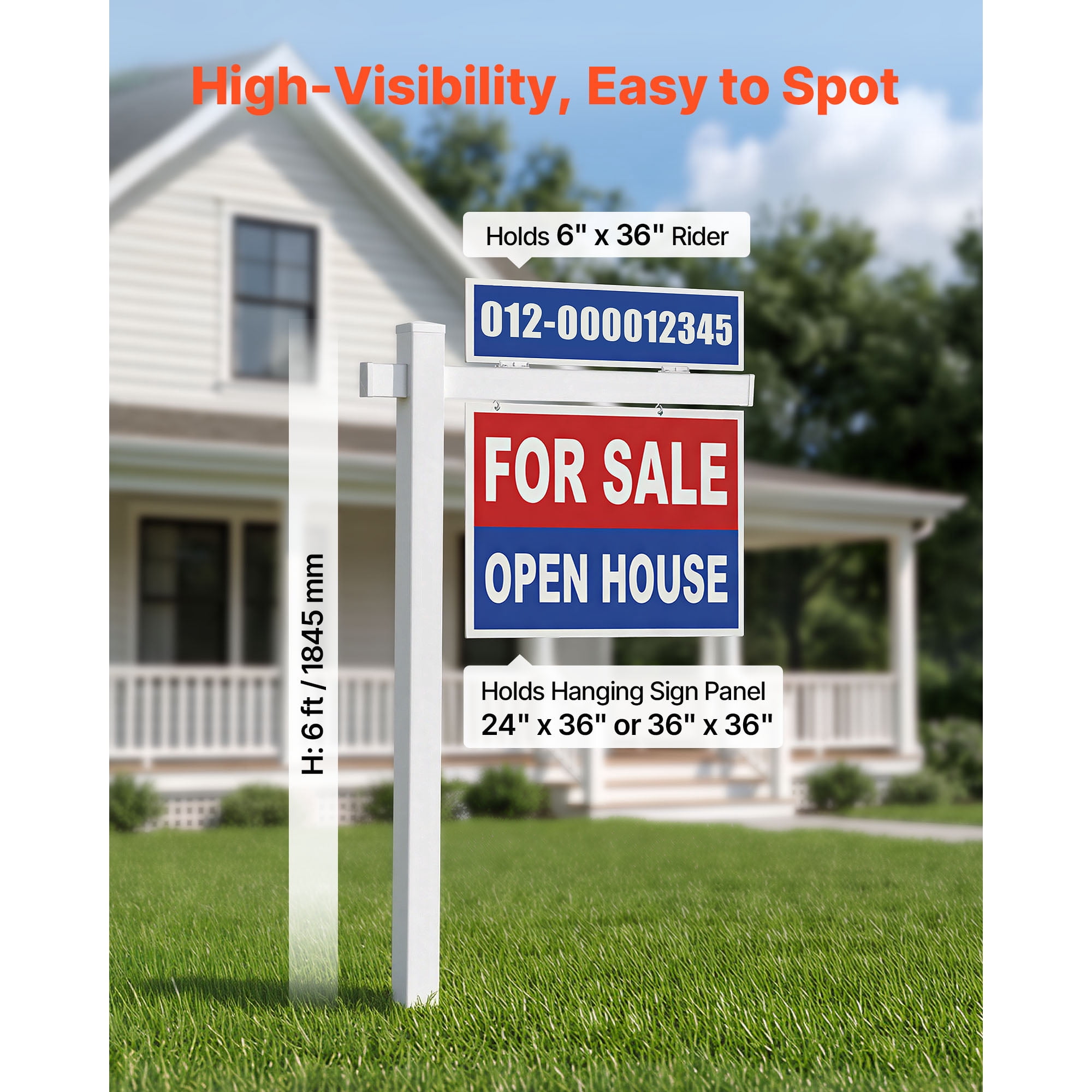 KFFKFF 6 ft Real Estate Sign Post, PVC Yard Sign Holder with 47 in Arm for Signs up to 36 in, Easy Installation, Wind-Resistant, Suitable for Open House, Home, Outdoor Use, White (No Signs Included)