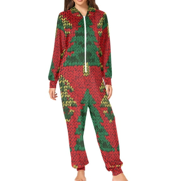 Red Christmas Adult's Hoodie Onesie Jumpsuit One-Piece Pajamas with Zipper Unisex for Holiday S