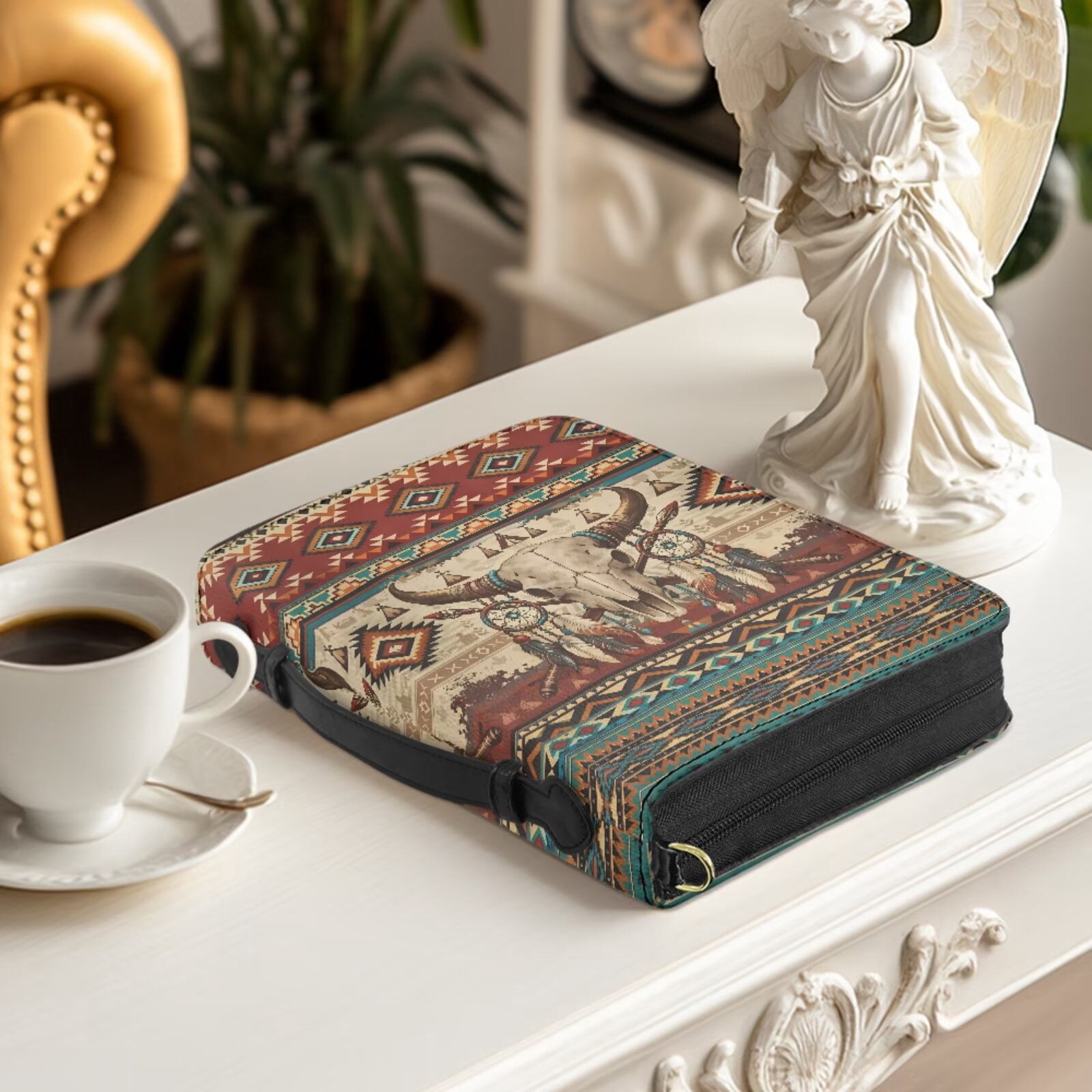 Kuiaobaty Aztec Skull Print Bible Case with Leather Bookmark Dream Catcher Print Bible Cover Case with Handle Zippered Carrying Book Bag Set for Women Men Church, Brown