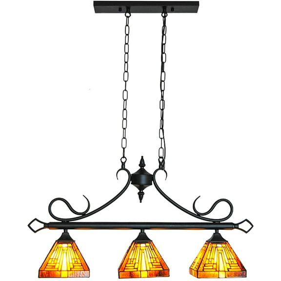 Tiffany Pendant Light Fixtures Hanging Lamp 3 Head Stained Glass Hanging Light Adjustable Height Antique Rustic Style for Kitchen Island Counter Dining Room Hallway, D27.5'' x H7.8''