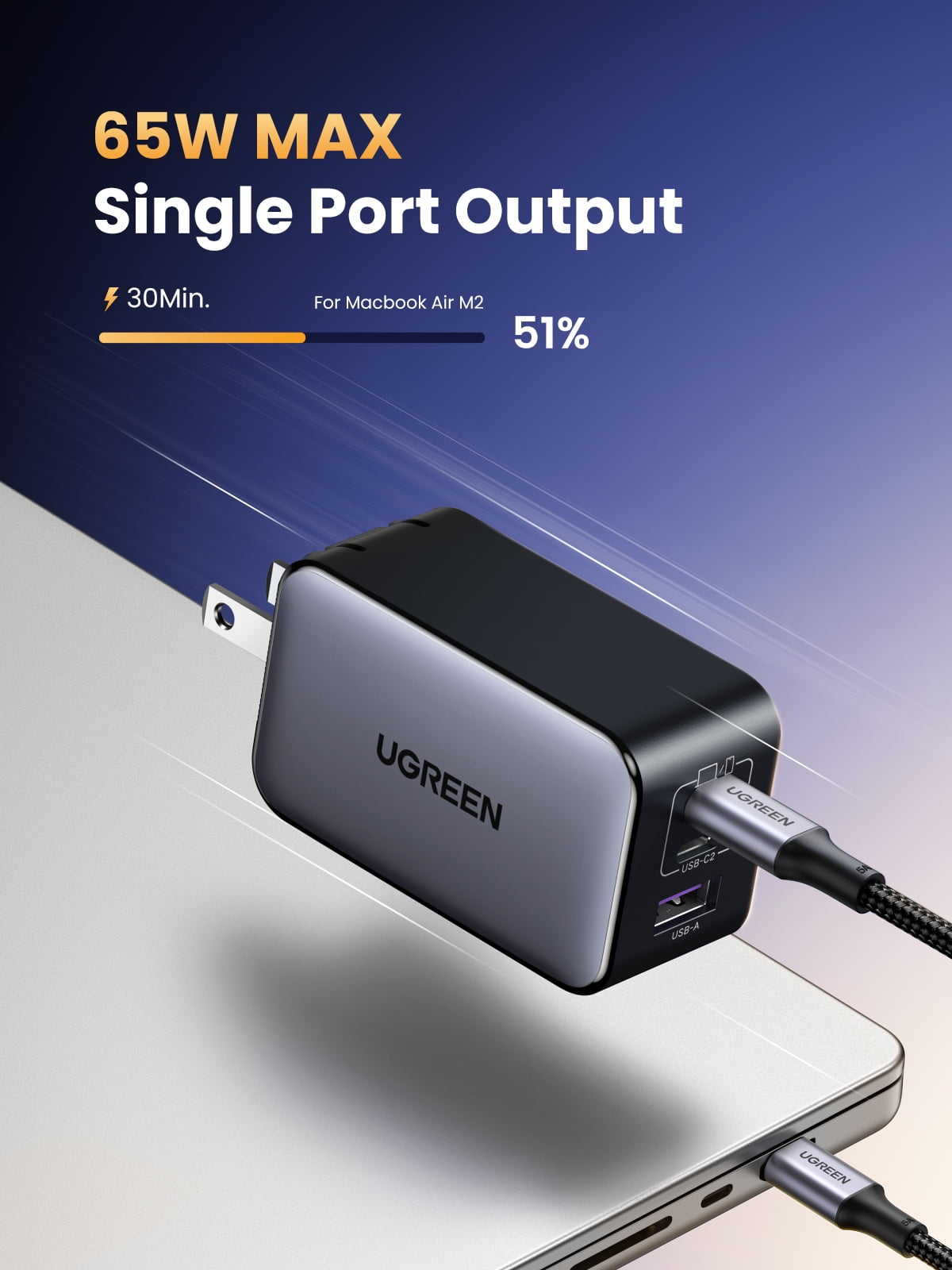 UGREEN Nexode USB C Charger, 65W GaN Charger Block with 3 Fast Charging Ports Compatible for MacBook, Compatible for iPhone, Compatible for iPad and more
