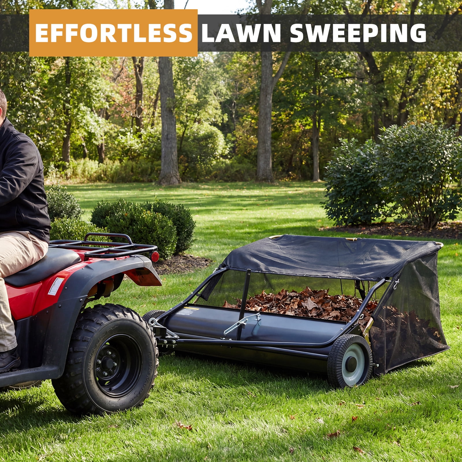 JFHID 48-Inch Tow-Behind Lawn Sweeper with16 Cu.Ft Large Hopper Pull Behind Grass & Leaf Collector for Yard
