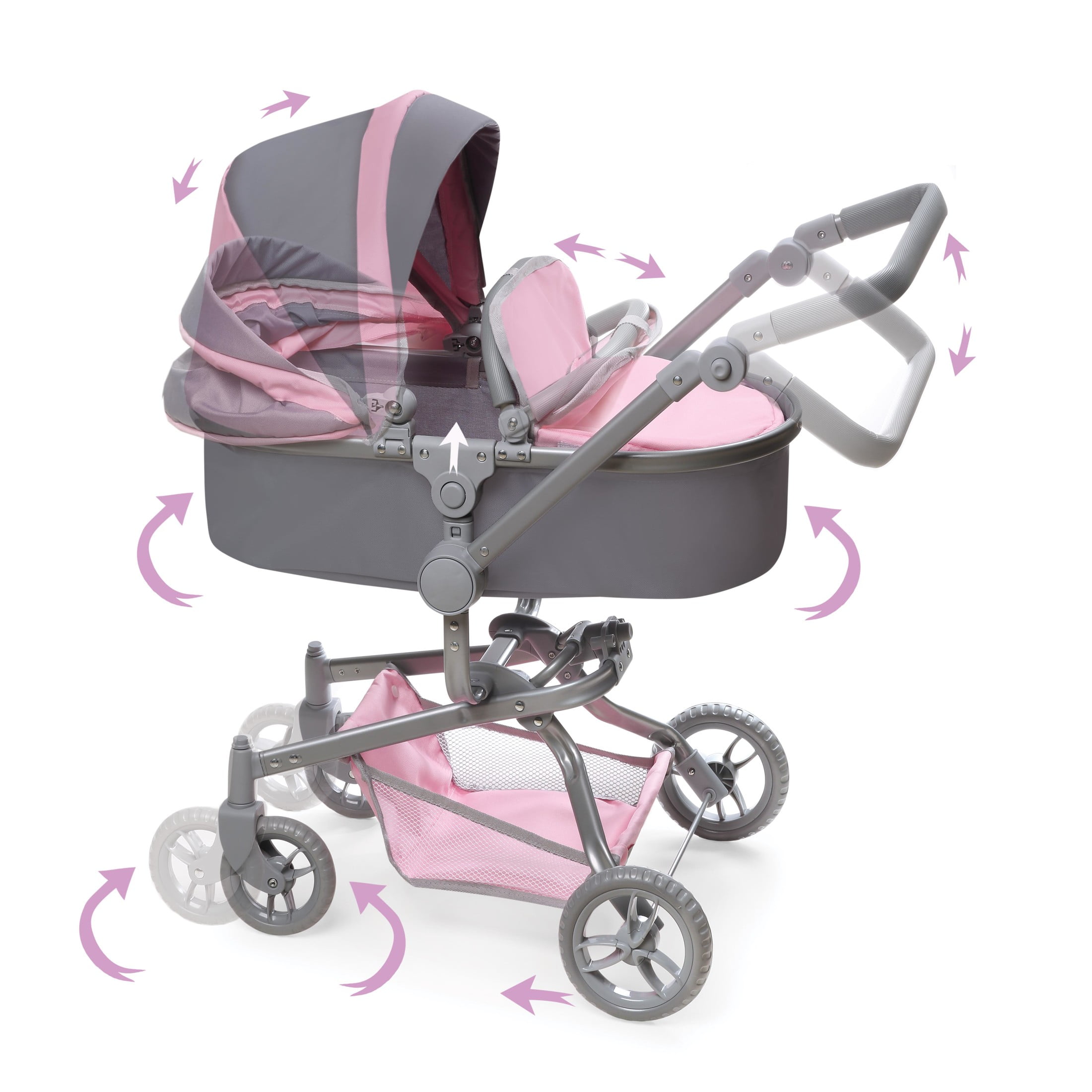 Daydream Multi-Function Single Doll Pram & Stroller - Gray/Pink
