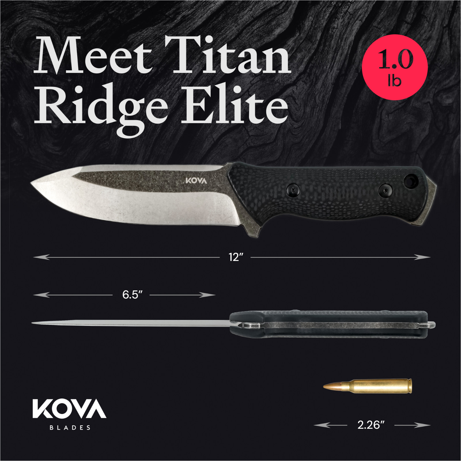 Kova Titan Ridge Elite Fixed Blade Knife – 6.5″ Stonewashed Stainless Steel Blade, G10 Handle, Kydex Sheath – Tactical & Heavy-Duty Outdoor Knife – 12″ Overall