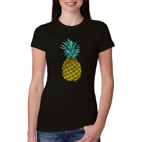 Wild Bobby, Trendy Tropical Pineapple, Fashion, Women Slim Fit Junior Tee, Black, Small
