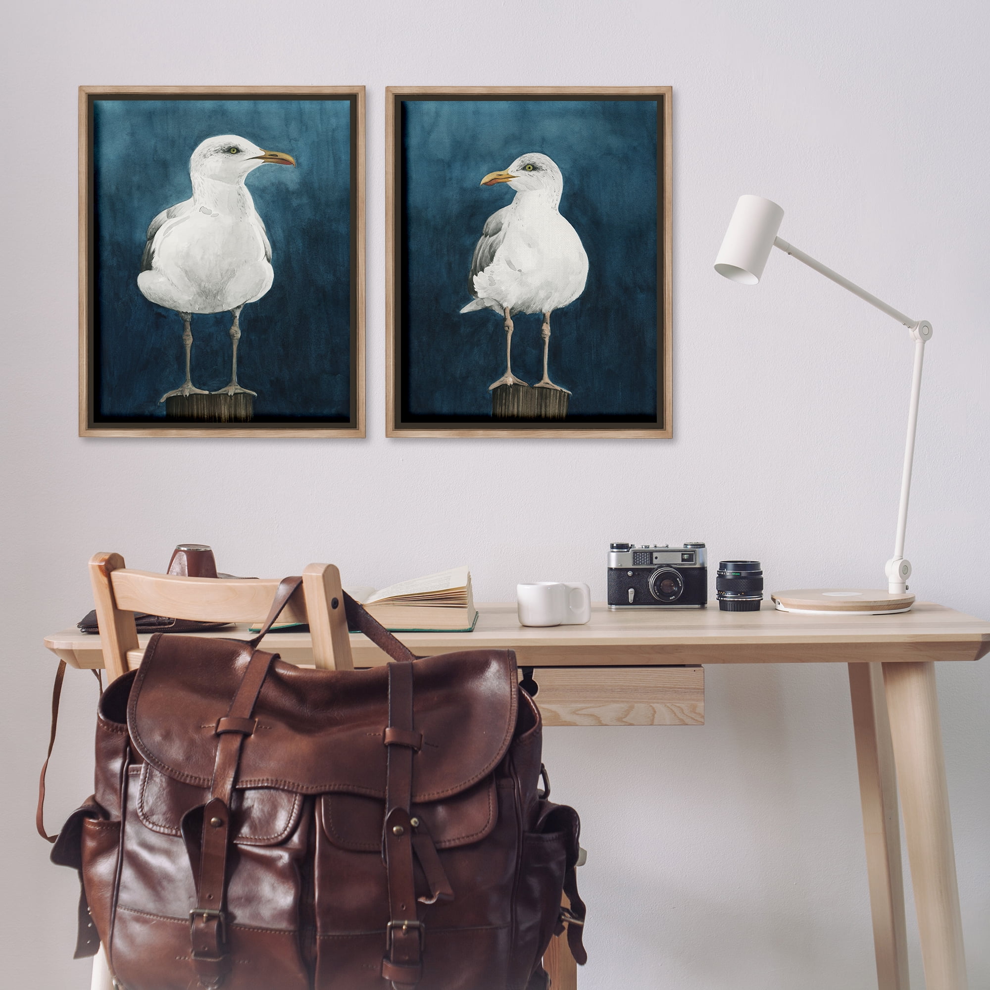 Stupell Industries Seagull Standing on Log Animals Painting Brown Floater Framed Canvas Art Print Wall Art, 31 x 25, Set of 2