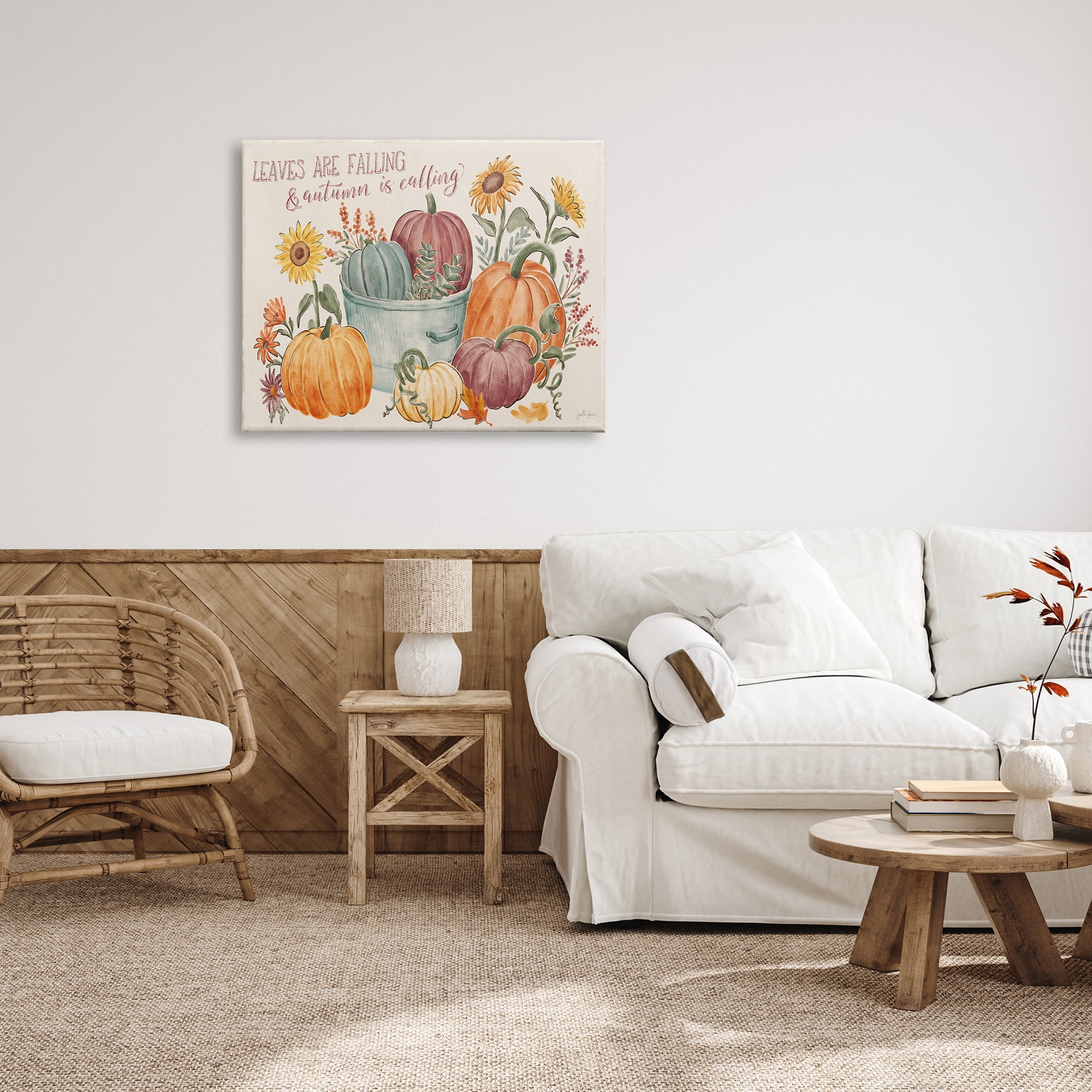Autumn Is Calling Phrase Various Pumpkins Sunflowers Botanical & Floral Painting Gallery-Wrapped Canvas Print Wall Art