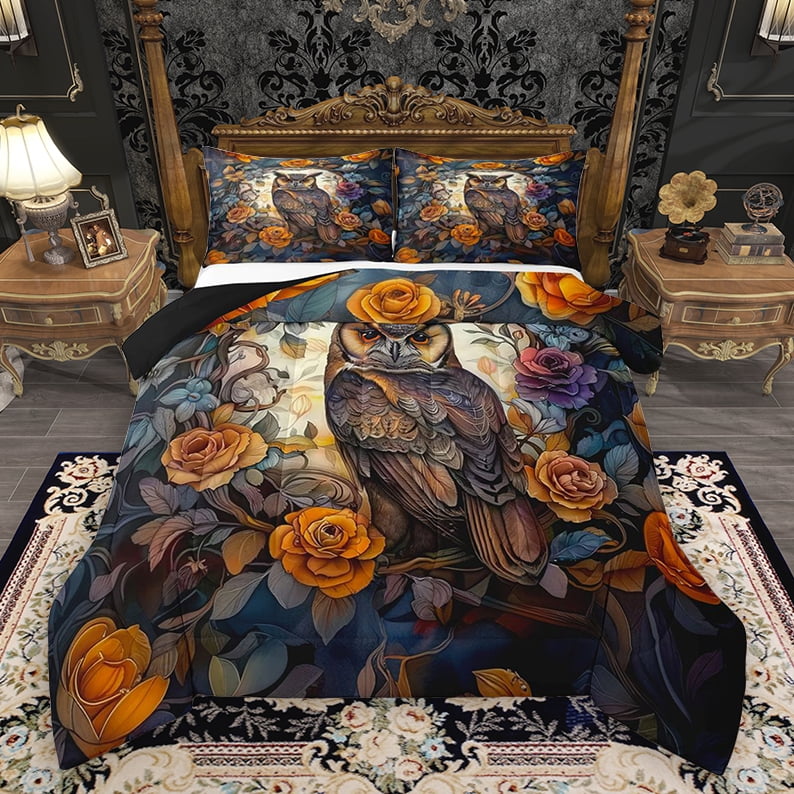 Homewish Jungle Hippie Owl Bedding Comforter Set Bohemian Rustic Animal Twin Comforter Sets Vintage Rustic Rose Flower Reversible Bedding Set Breathable Home Decor 2 Pieces