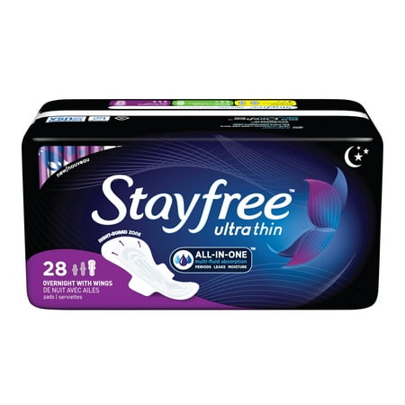 Stayfree Ultra Thin Pads with Wings, Unscented, Overnight, 28