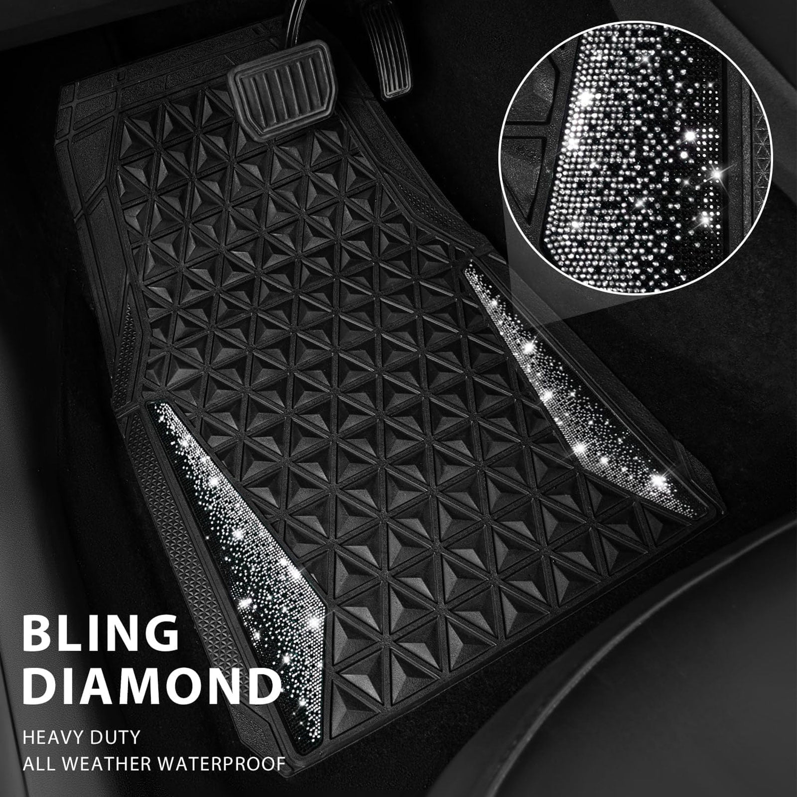 CAR GRAND Bling diamond rubble automotive floor mats full set anti-slip water proof universal fit glitter crystal sparkly shining rhinestone girl woman lady femal Black silver