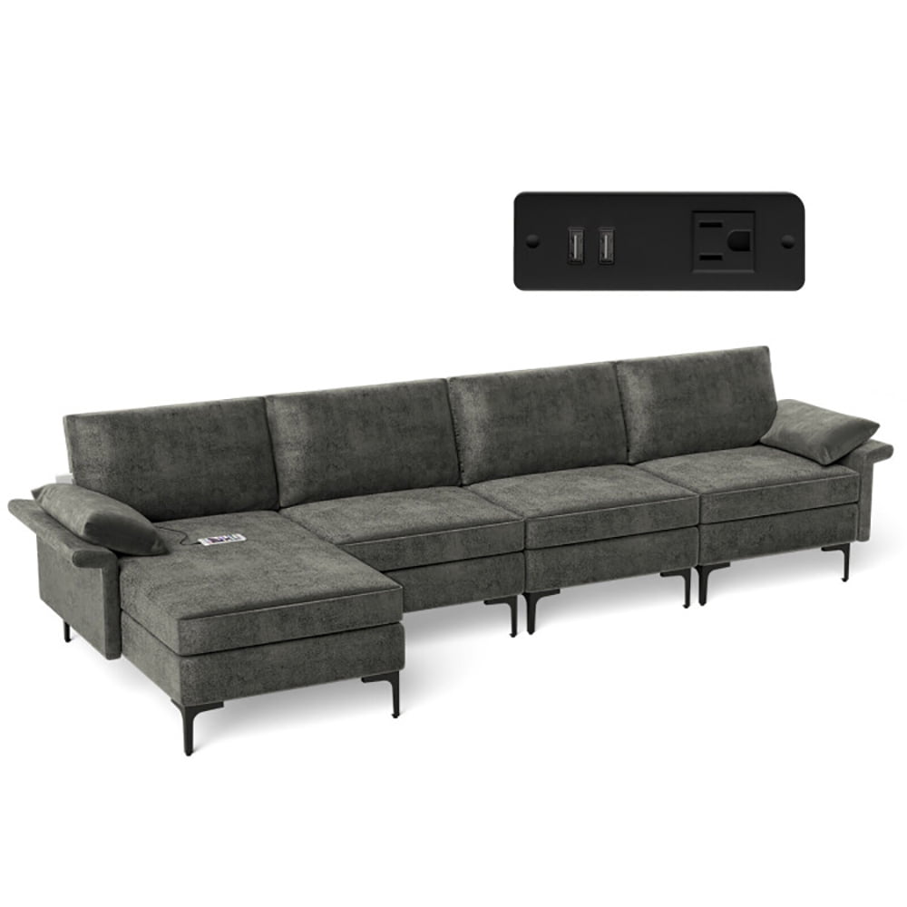 Finihen L-shaped Sectional Sofa Couch, Convertible Sectional Sofa, Extra Large L-shaped Sectional Sofa with Reversible Chaise and 2 USB Ports for 4-5 People, for Living Room, Gray