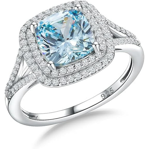Gems Jewels 2.00 Ct Cushion Cut Aquamarine Wedding Engagement Halo Ring 14K White Gold Plated 925 Sterling Silver For Women's -9