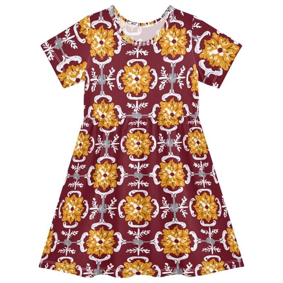 Portuguese Style Short Sleeve Dress A-Line Cute Midi Casual Sundress 2-8 Years