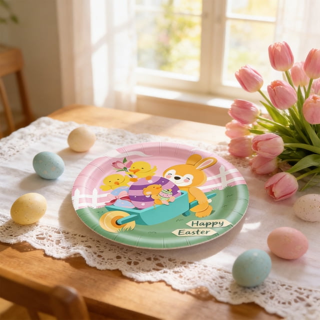CaiYueKe Easter Party Supplies Disposable Tableware Set Bunny Themed Plates Cups Napkins Tablecloth Holiday Dinnerware for Spring Celebration Decorations