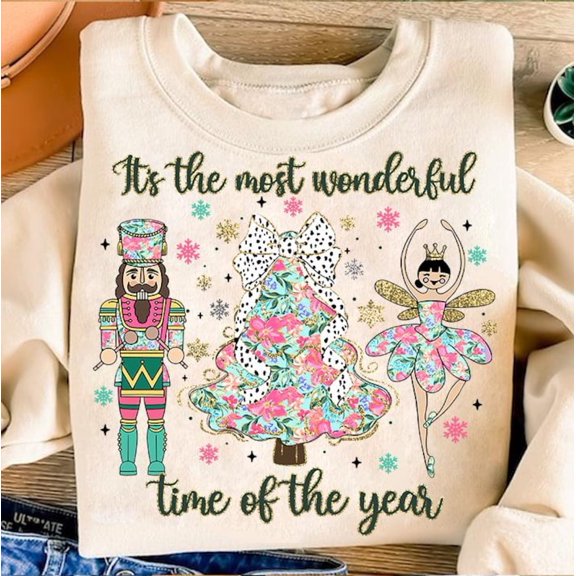 Colorful Coquette Christmas Nutcracker Sweater, Girly Pink Green Floral Holiday Sweatshirt